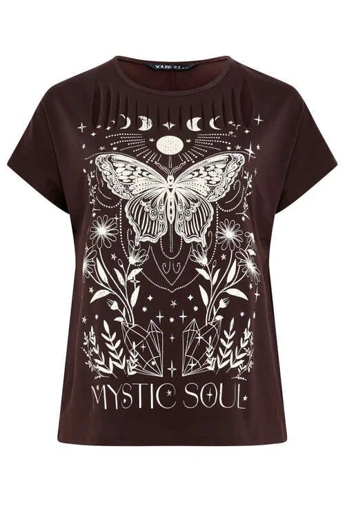 Yours Curve Brown 'Mystic Soul' Laser Cut Slogan T-Shirt - 26-28 Image 5