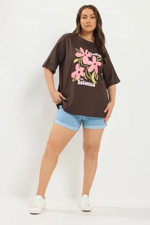 Yours Curve Chocolate Brown Floral Graphic Print T-Shirt - 22-24 Image 2