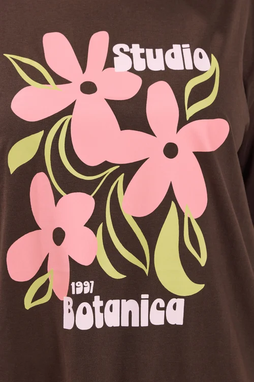 Yours Curve Chocolate Brown Floral Graphic Print T-Shirt - 22-24 Image 4