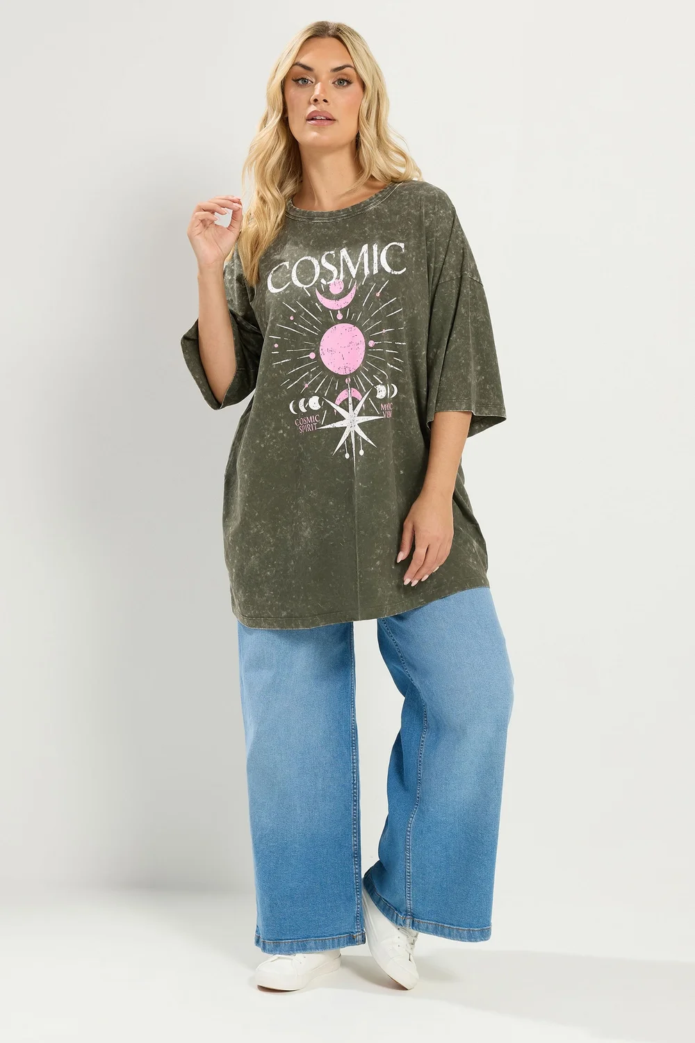 Yours Curve Green Acid Wash 'Cosmic' Oversized T-Shirt - 18 Image 3