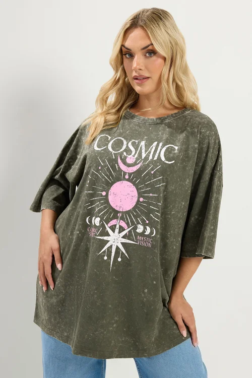Yours Curve Green Acid Wash 'Cosmic' Oversized T-Shirt - 18 Image 1