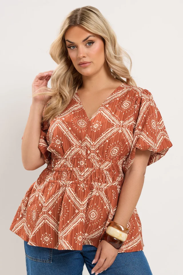 Yours Curve Orange Abstract Puff Sleeve Blouse