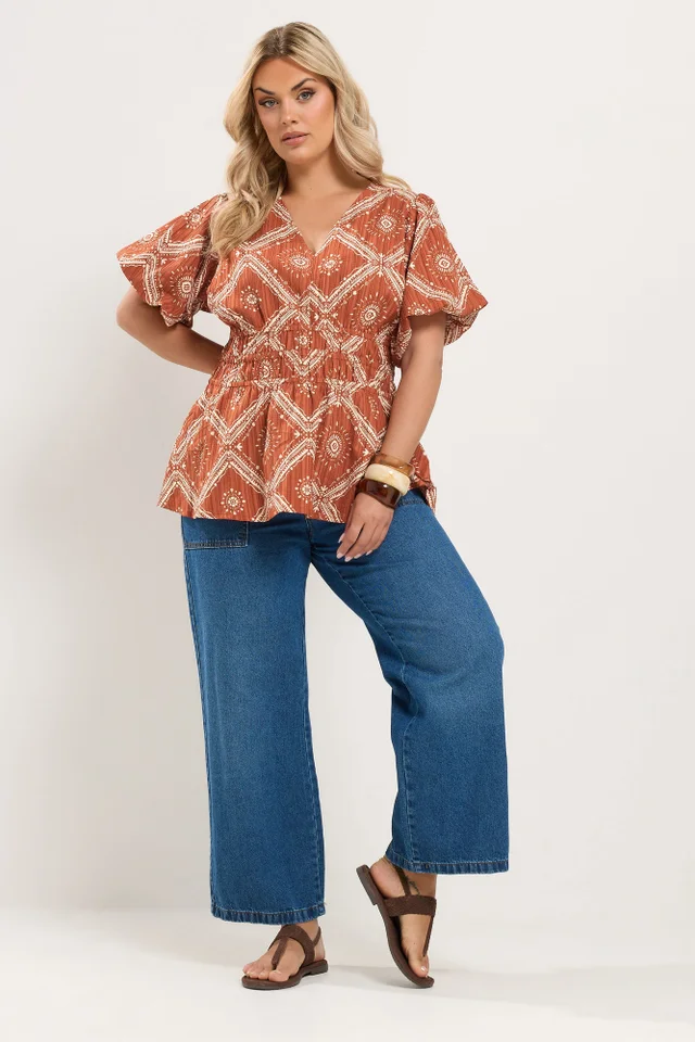 Yours Curve Orange Abstract Puff Sleeve Blouse
