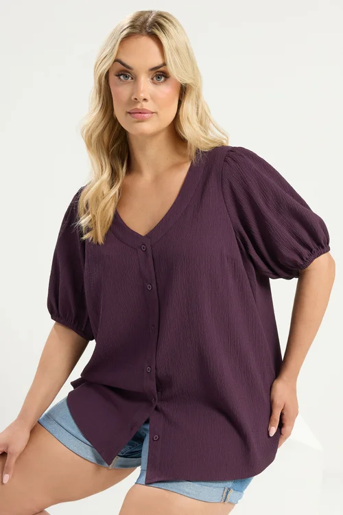 Yours Curve Purple Button Textured Blouse - 30-32 Image 1