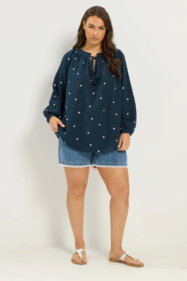 Yours Curve Navy Blue Heart Print Blouse