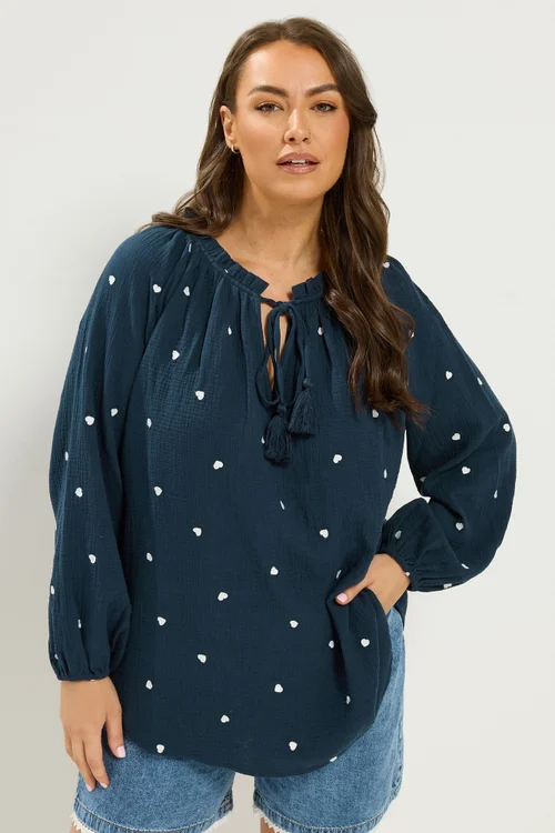 Yours Curve Navy Blue Heart Print Blouse - 16 Image 1