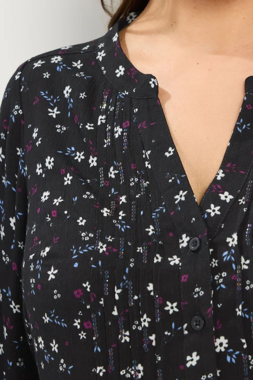 Yours Curve Black Floral Pintuck Top - 20 Image 4