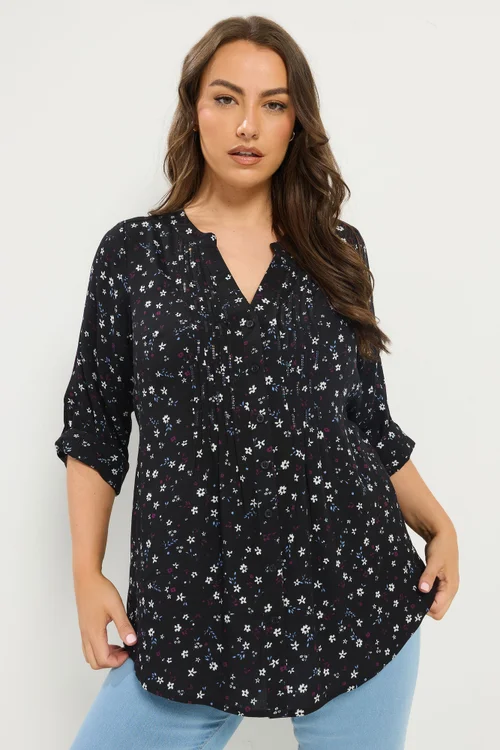 Yours Curve Black Floral Pintuck Top - 20 Image 1