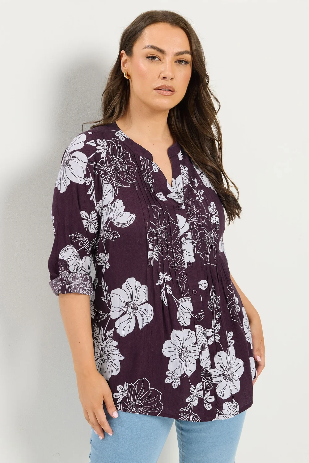 Yours Curve Purple Floral Pintuck Top - 20 Image 1