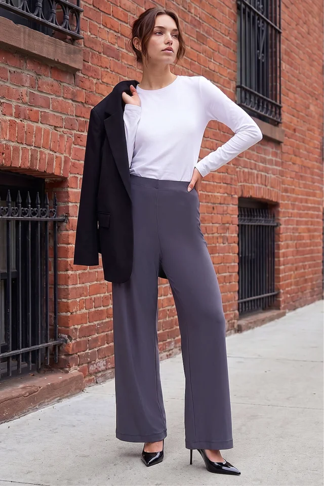 Roman Charcoal Petite Wide Leg Stretch Trouser