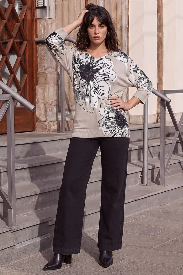 Roman Light Grey Mono Embellished Floral V-Neck Jumper