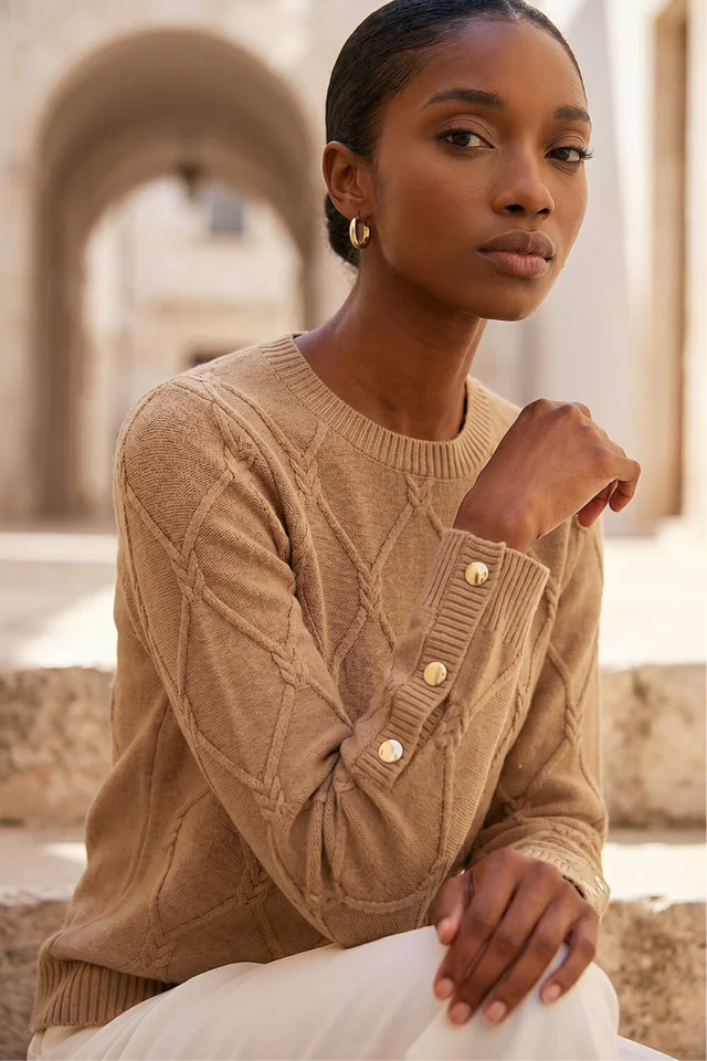 Roman Camel Petite Button Cuff Knit Jumper