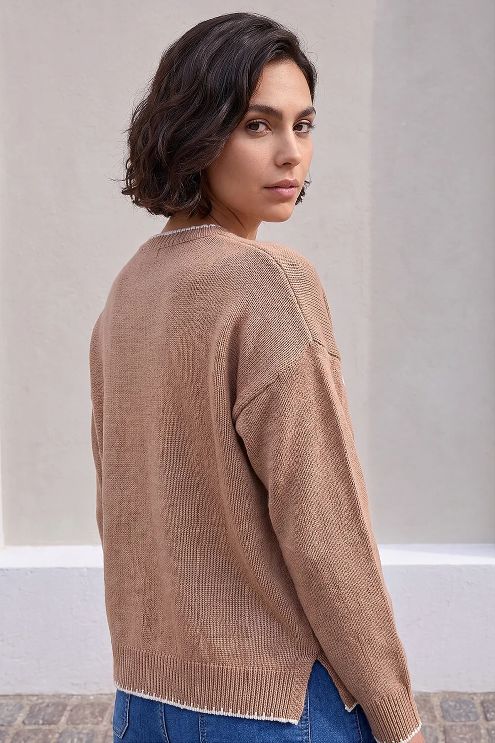 Roman Camel Contrast Stitch Bow Knit Jumper - 10 Image 3