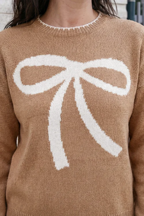 Roman Camel Contrast Stitch Bow Knit Jumper - 10 Image 4