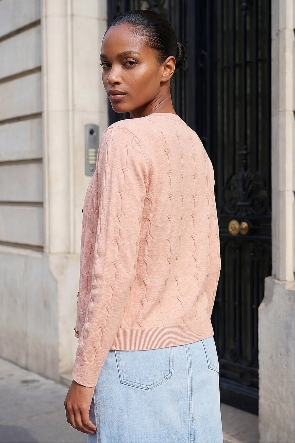 Roman Light Pink Textured Cable Knit Cardigan - 18 Image 3
