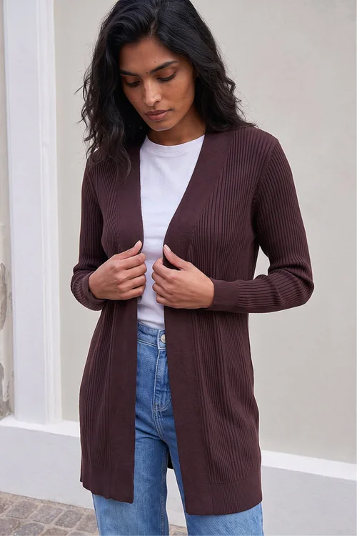 Roman Chocolate Ribbed Knit Cardigan - 12 Image 1