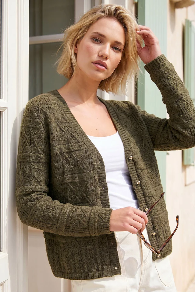Roman Khaki Pointelle Knit Cardigan