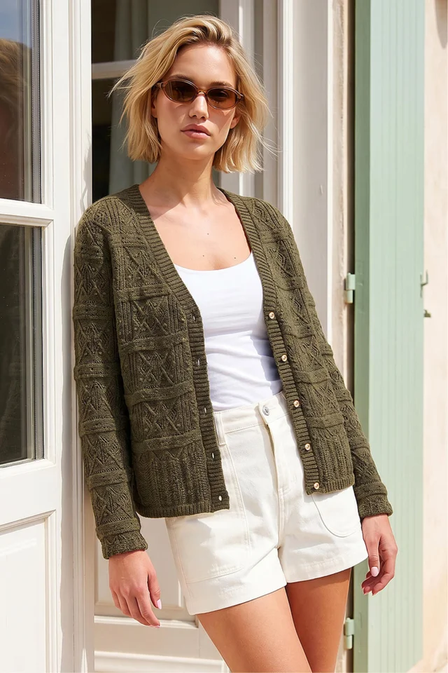 Roman Khaki Pointelle Knit Cardigan