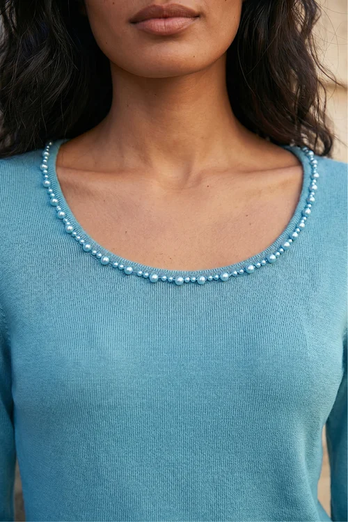Roman Light Blue Square Neck Pearl Trim Knit Jumper - 18 Image 4
