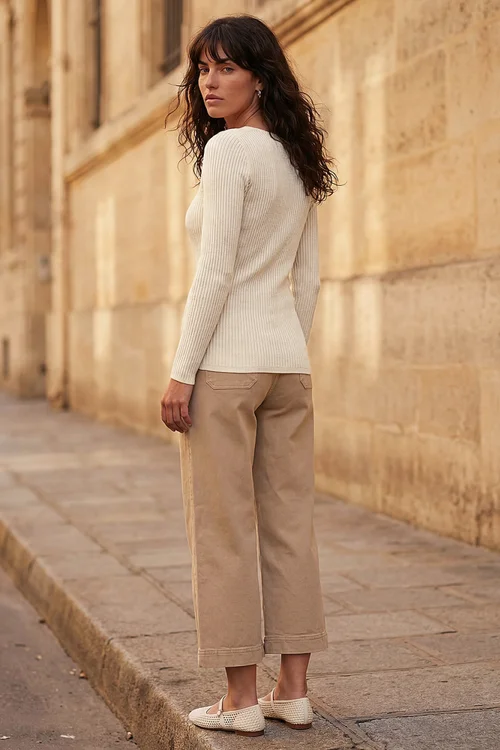 Roman Ivory Square Neck Ribbed Knit Top - 12 Image 3