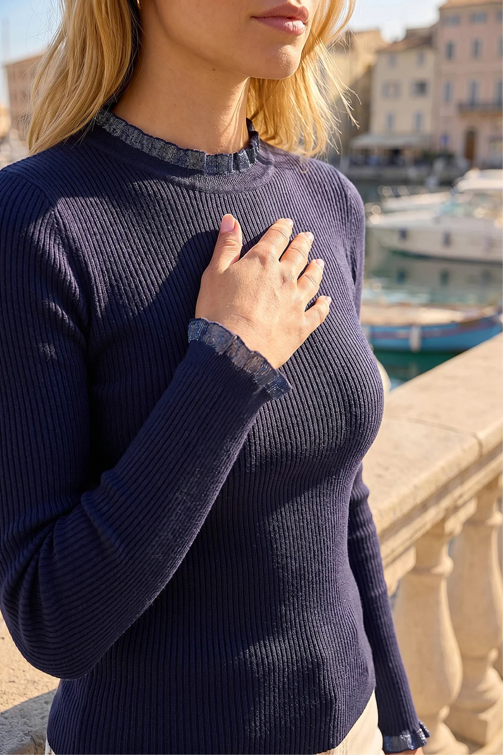 Roman Navy Woven Trim Ribbed Knit Jumper - 20 Image 4