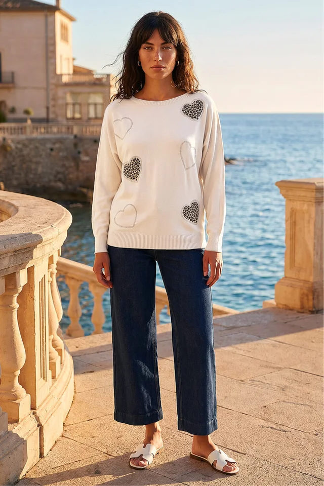 Roman Ivory Animal Heart Print Embellished Knit Jumper
