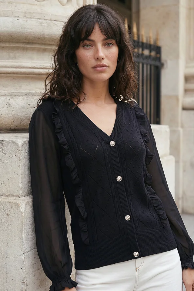 Roman Black Woven Sleeve Buttoned Knit Jumper