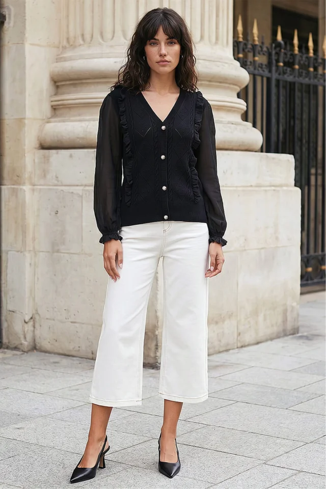 Roman Black Woven Sleeve Buttoned Knit Jumper