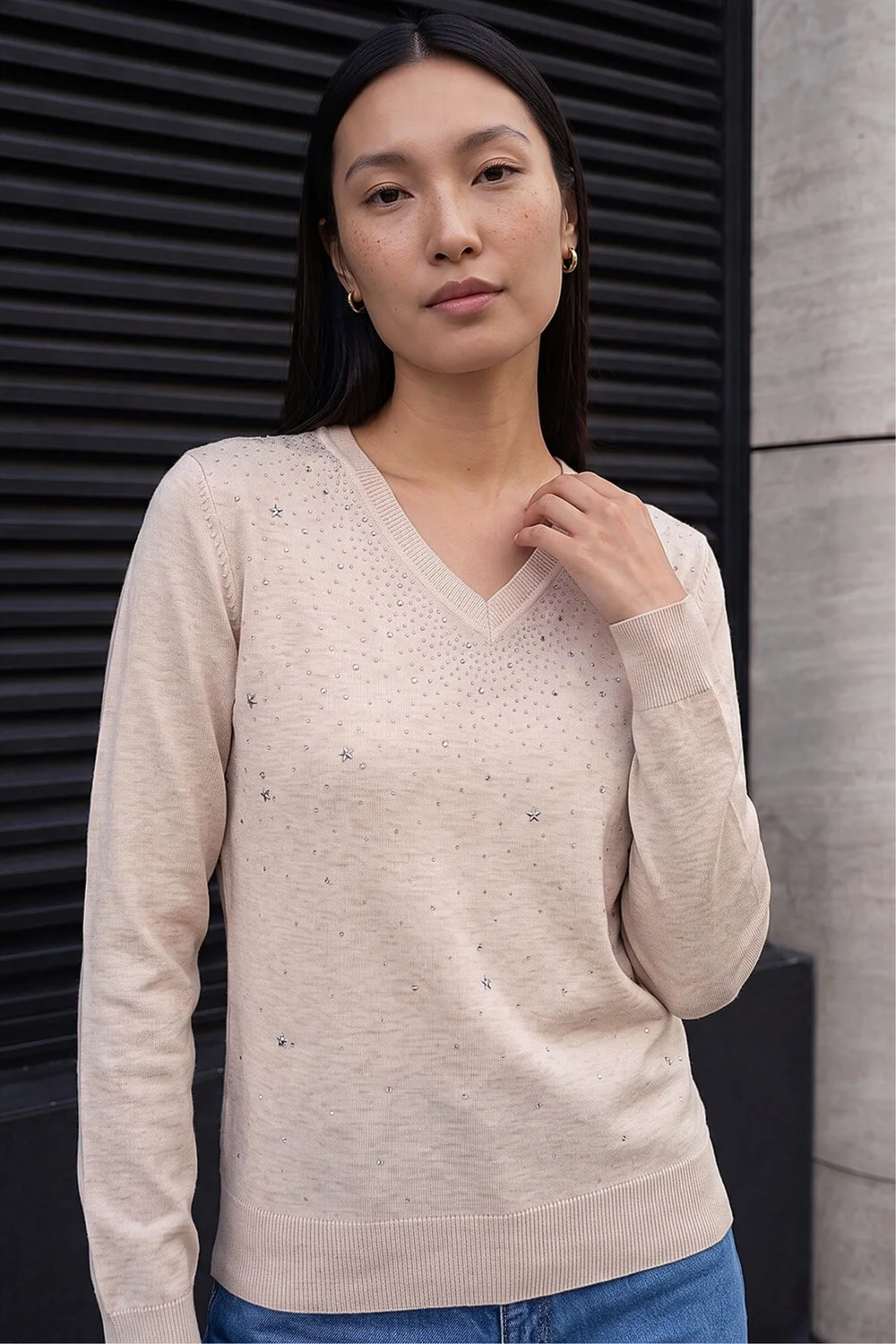 Roman Cream V-Neck Star Hotfix Jumper - 20 Image 1