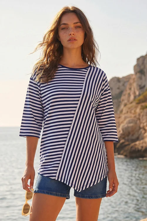 Roman Navy Petite Asymmetric Stripe Top - 10 Image 1