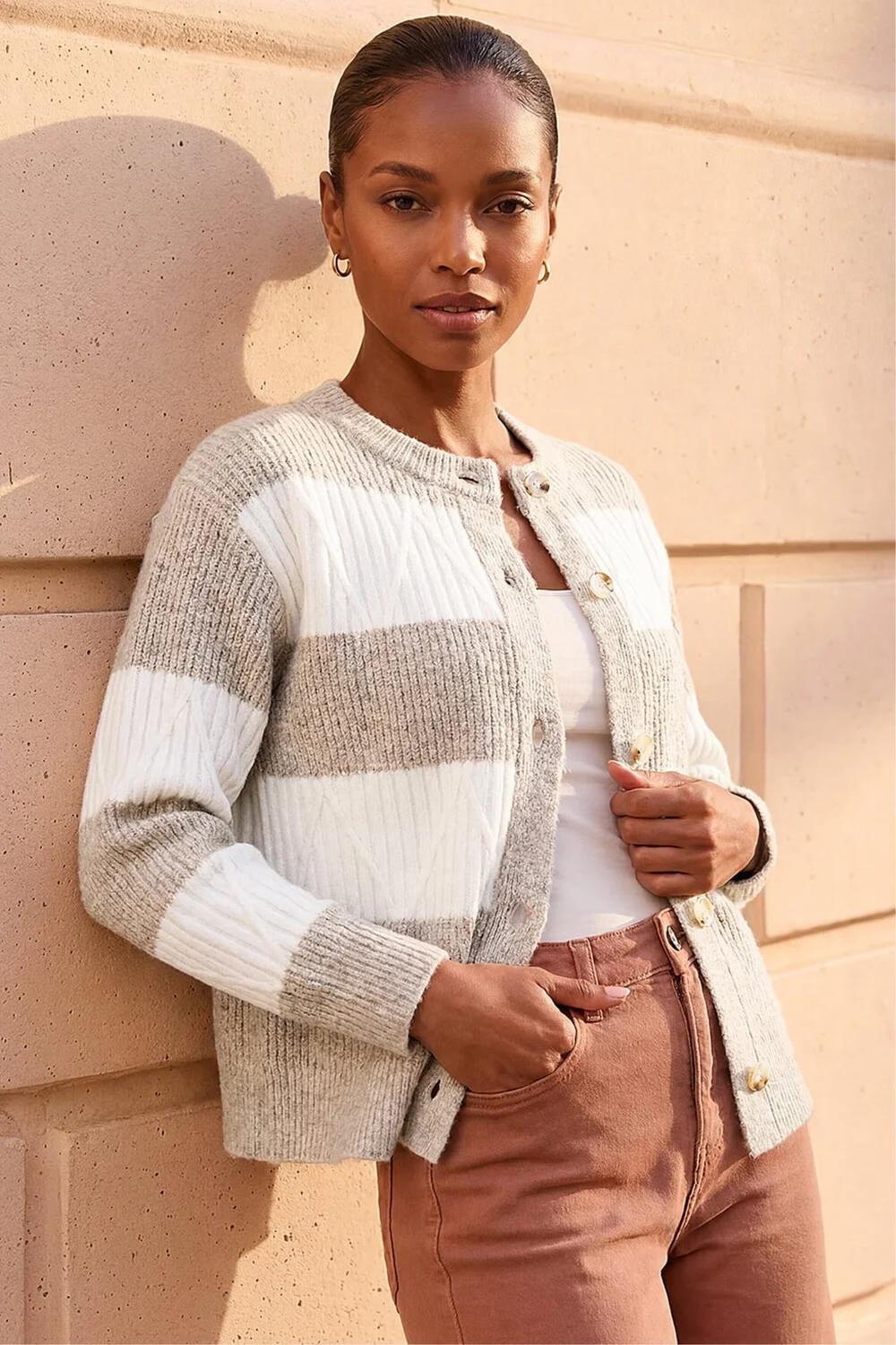 Roman Beige Stripe Buttoned Knit Cardigan - 18 Image 2