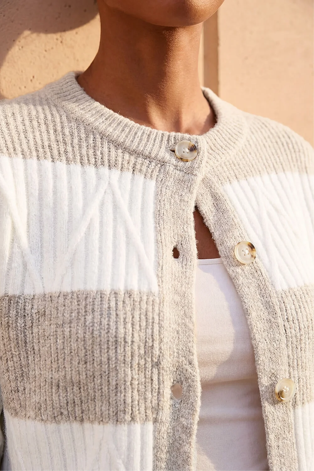 Roman Beige Stripe Buttoned Knit Cardigan - 18 Image 4