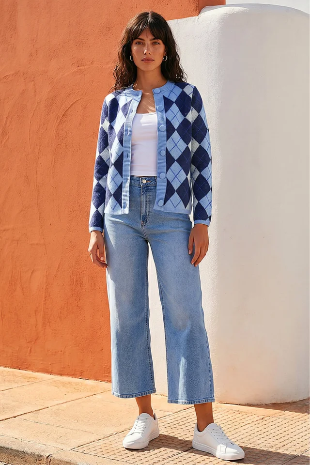 Roman Blue Argyle Buttoned Knit Cardigan