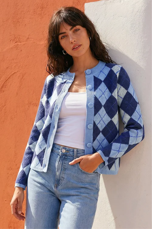 Roman Blue Argyle Buttoned Knit Cardigan - 10 Image 1