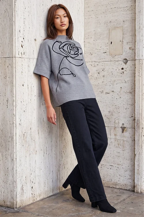 Roman Grey Rose High Neck Knit Jumper - L Image 2