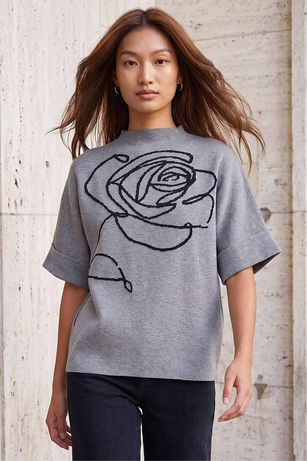 Roman Grey Rose High Neck Knit Jumper - L Image 1