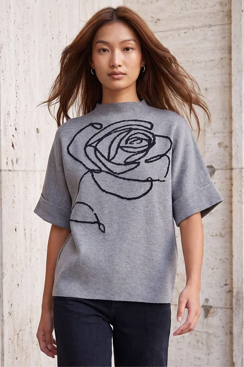 Roman Grey Rose High Neck Knit Jumper - L Image 1