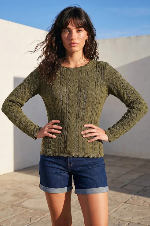 Roman Khaki Scallop Trim Cable Knit Jumper