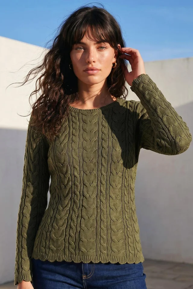 Roman Khaki Scallop Trim Cable Knit Jumper