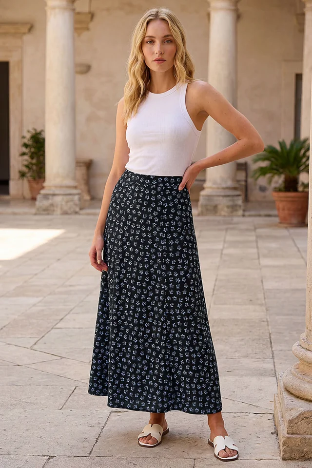 Roman Blue Floral Paisley Print Skirt