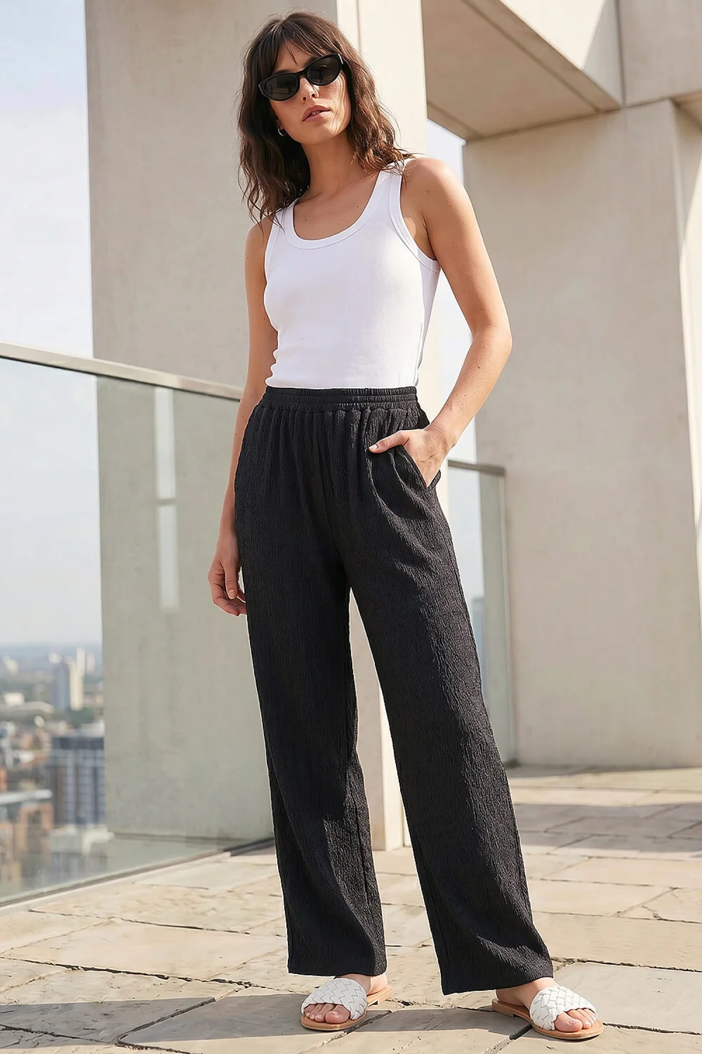 Roman Black Crinkle Textured Stretch Trouser - 10 Image 1