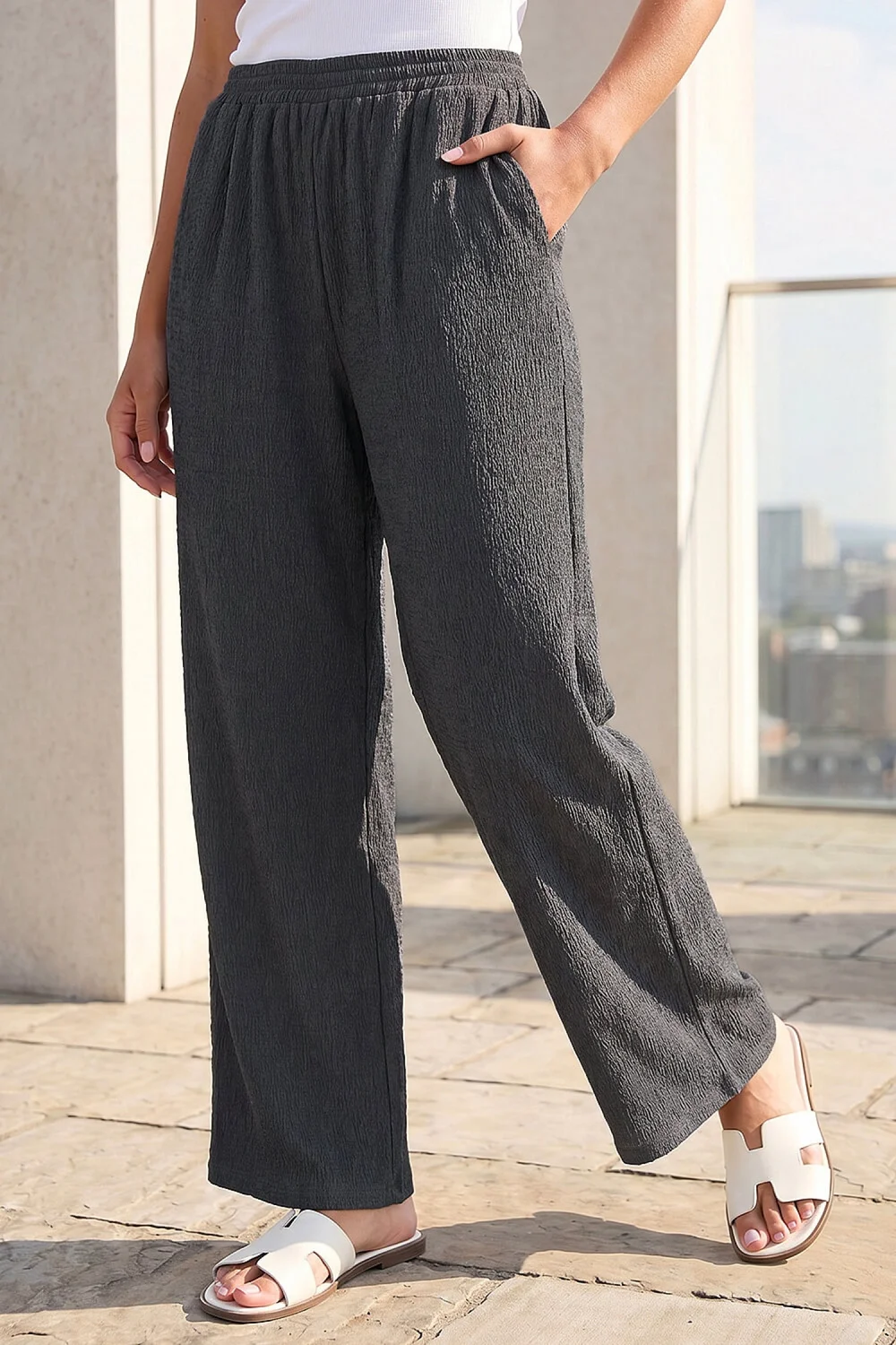 Roman Grey Crinkle Textured Stretch Trouser - 12 Image 2