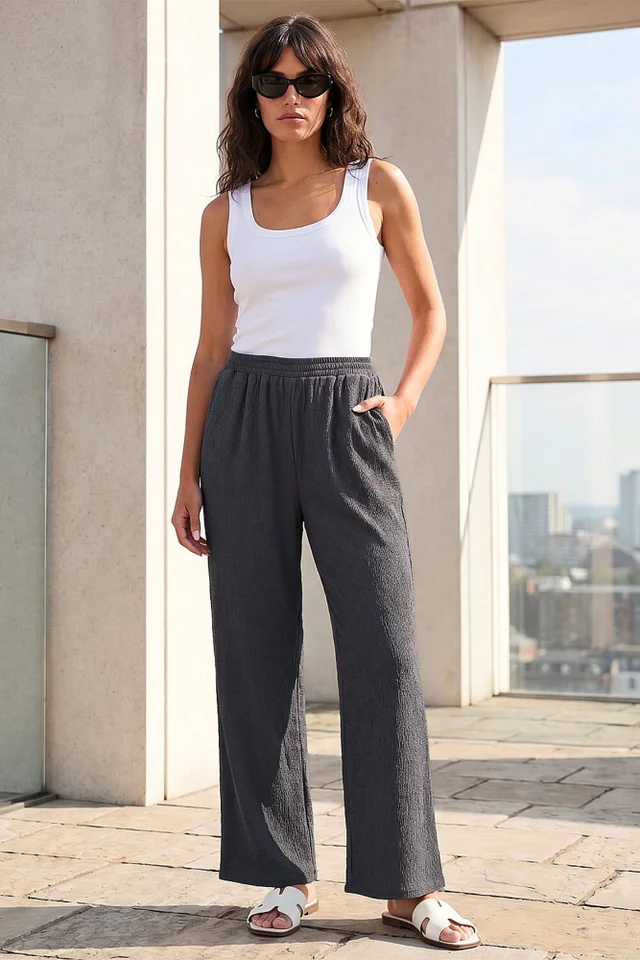 Roman Grey Crinkle Textured Stretch Trouser