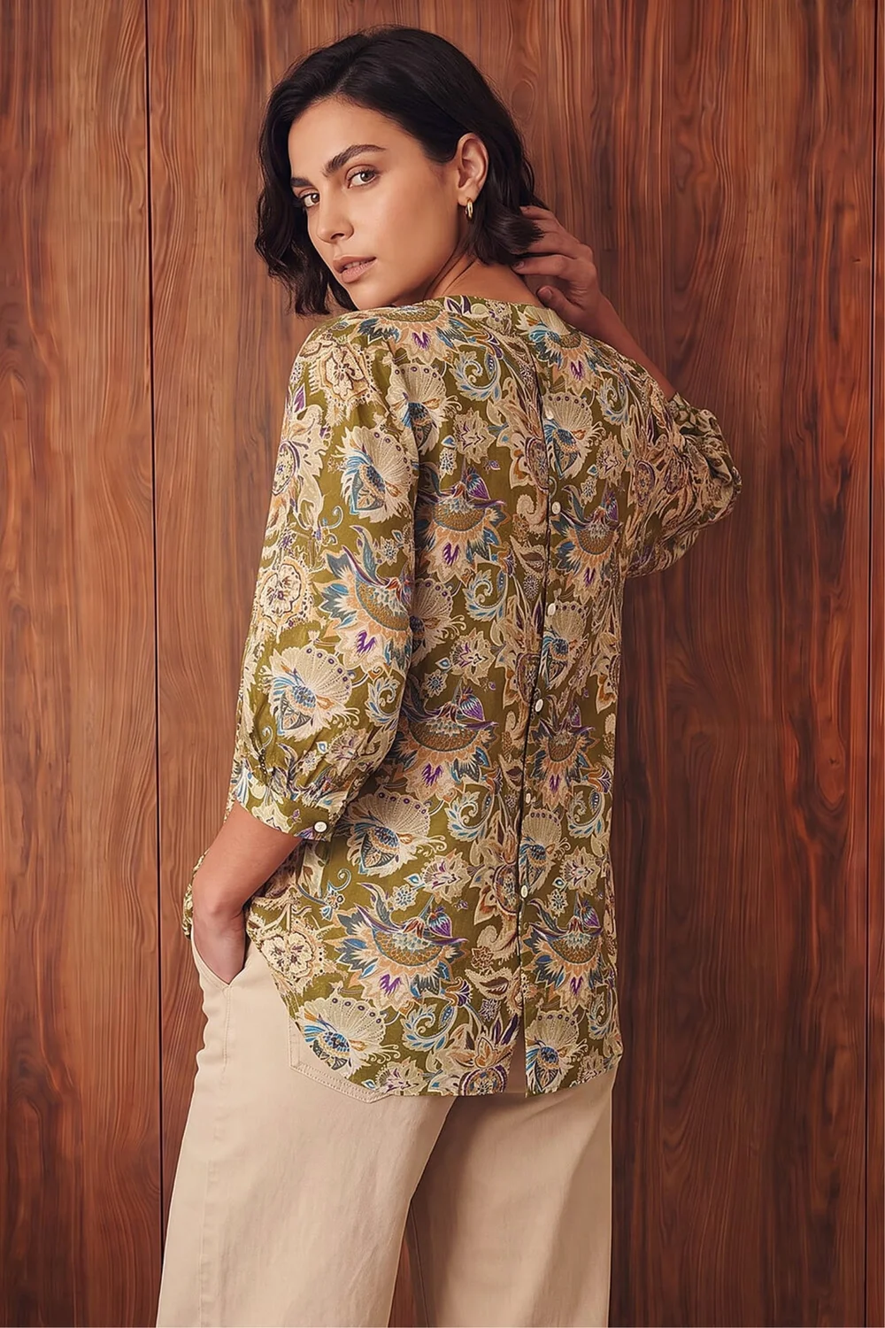 Roman Green Floral Print Notch Neck Blouse - 16 Image 3