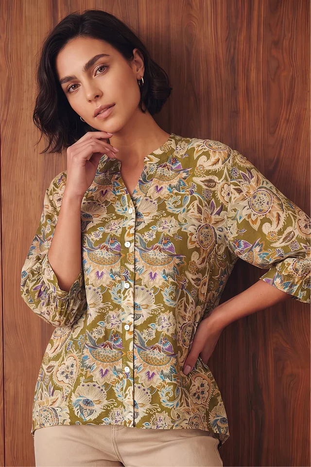 Roman Green Floral Print Notch Neck Blouse