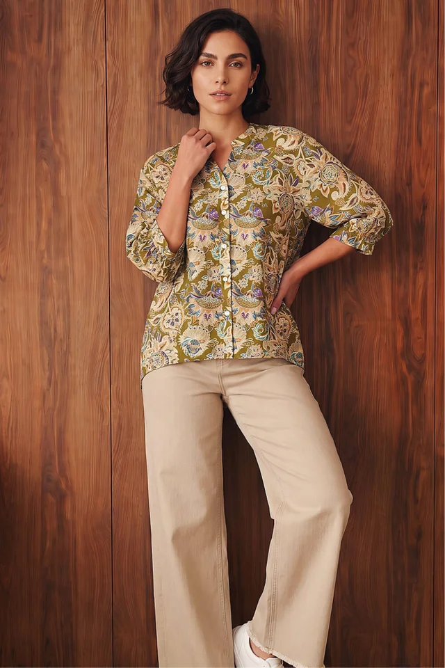 Roman Green Floral Print Notch Neck Blouse