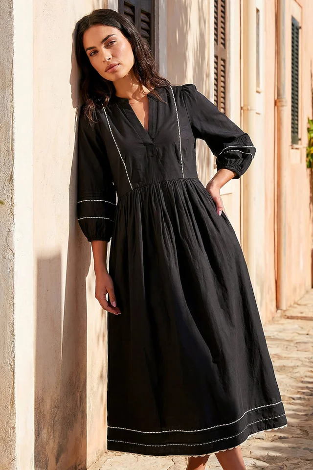 Roman Black Ric Rac Collared Midi Dress