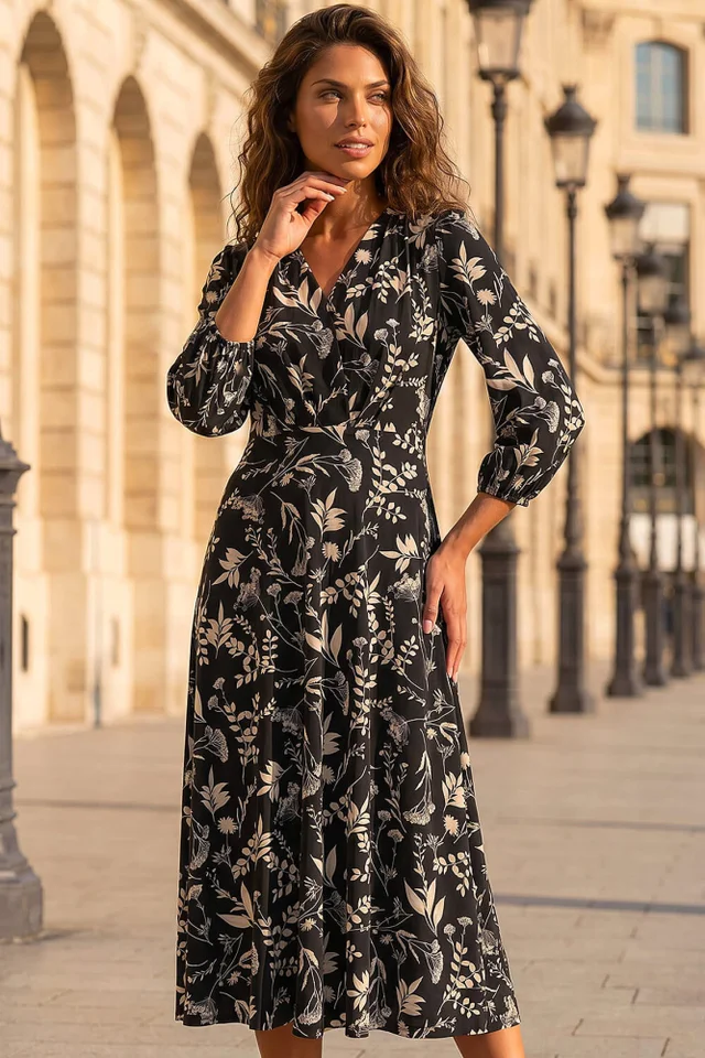 Roman Black Floral Print Midi Dress