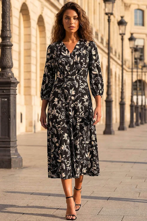 Roman Black Floral Print Midi Dress - 10 Image 3