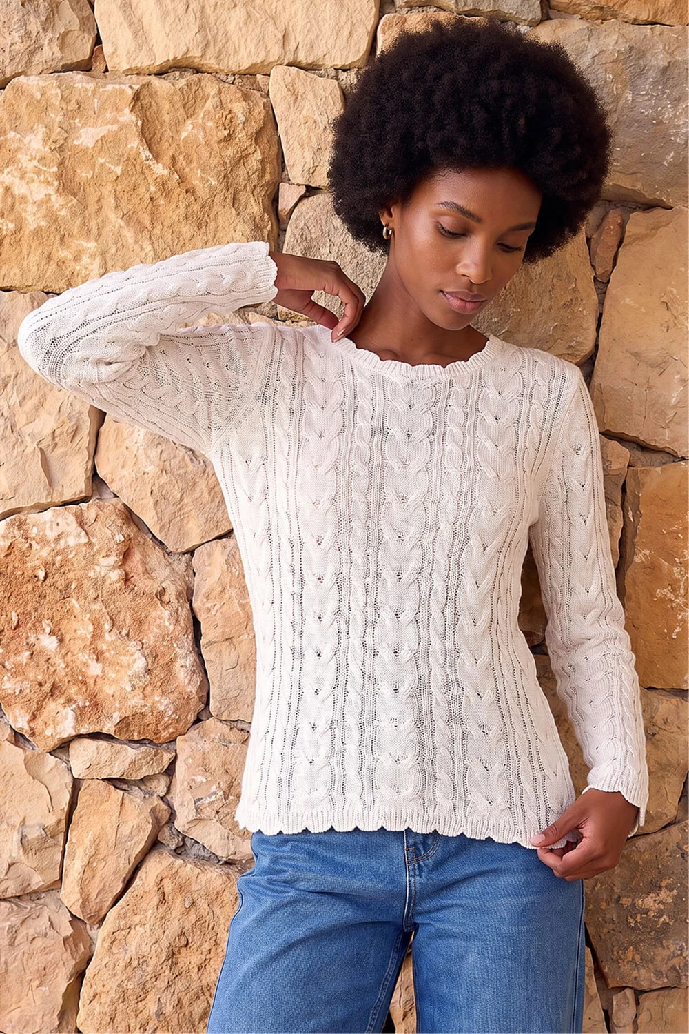 Roman Ivory Scallop Trim Cable Knit Jumper - 16 Image 1
